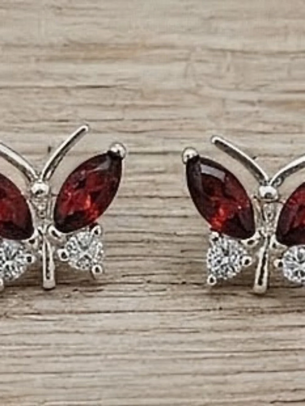 Garnet And CZ Butterfly Earrings Post Back  Set In 925 Sterling Silver